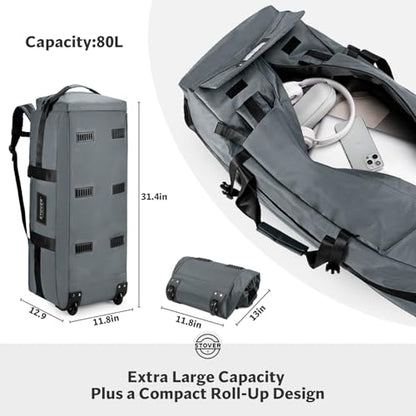STOVER 45/80/100L Rolling Duffel Bag with Wheels, Large Durable Travel Duffle + Toiletry Bag, Heavy Duty, Packable, Foldable with Shoulder Straps- Use as Luggage or Backpack, Men/Women (Grey) - color: Grey