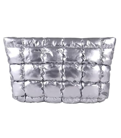 Puffy Quilted Makeup Bag, Cosmetic Bag, Travel Toiletry Organizer Pouch, Clutch for Women (Silver) - color: Silver