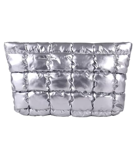 Puffy Quilted Makeup Bag, Cosmetic Bag, Travel Toiletry Organizer Pouch, Clutch for Women (Silver) - color: Silver