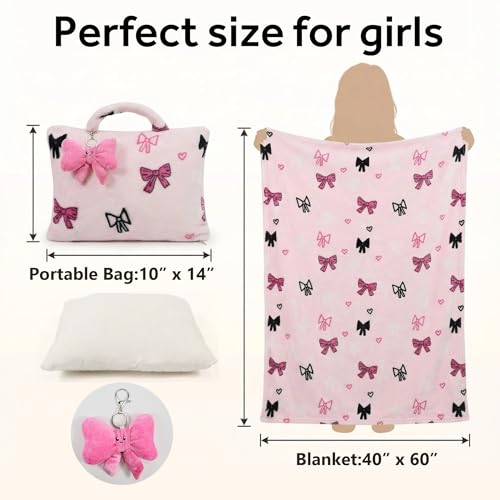 3-in-1 Kids Travel Blanket and Pillow Set, 40x60 Inch Pink Bow Blanket for Girls,Compact Set with Bow Keychain, Ideal Birthday Travel Essential - color: Pink Bow