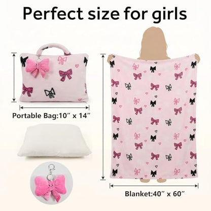 3-in-1 Kids Travel Blanket and Pillow Set, 40x60 Inch Pink Bow Blanket for Girls,Compact Set with Bow Keychain, Ideal Birthday Travel Essential - color: Pink Bow