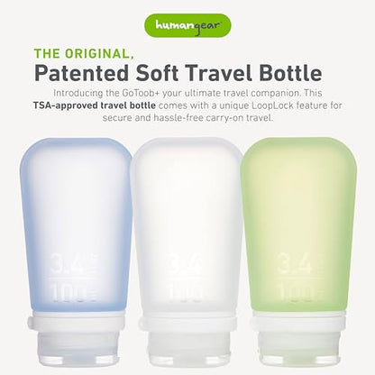 humangear GoToob+ Bottles - Silicone Leak-Proof Travel Tubes for Toiletries, Camping & TSA Carry-On (3-Pack), Large (3.4 fl oz; 100ml), Clear/Green/Blue - color: Clear/Green/Blue, size: 3.4 Ounces