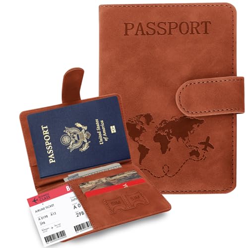 Passport Holders, RFID Blocking Credit Card Holder, PU Leather Passport Holders for Travel with Magnetic Buckle, Travel Must Haves Cruise Ship Essentials for Men, Women (Brown) - color: Brown