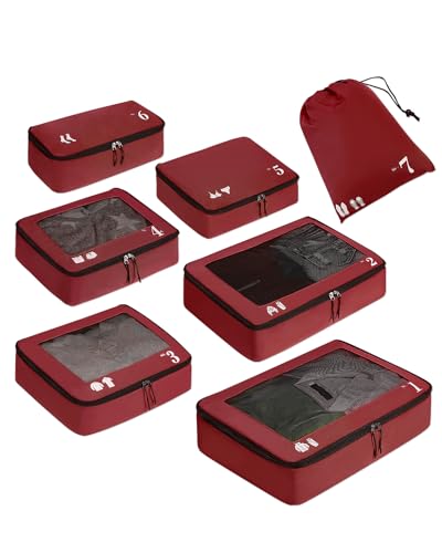 ECOHUB 7 Set Packing Cubes Tear-Resistant Luggage Packing Organizers with Number Icon for Travel Accessories Luggage Suitcase Machine Washable Packing Cubes (Red) - color: Red-No Compress, size: 7 Set Packing Cubes