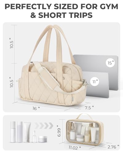 Percover Weekender Bag for Women, Ultra Lightweight Travel Duffle, Carry On Personal Item Overnight Bag with Toiletry Pouch & Compartments, Quilted Gym & Travel Bag, Ivory Beige - color: Ivory Beige