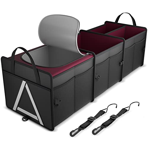 K KNODEL Sturdy Car Trunk Organizer with Premium Insulation Cooler Bag, 3 Compartments Heavy Duty Collapsible for Car, SUV, Truck, or Van (Large, Red) - color: Red, size: Large