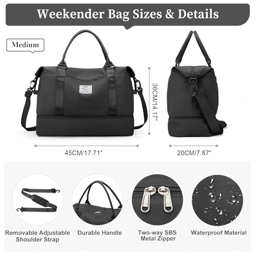 Travel Duffel Bag with Shoes Compartment, Overnight Weekender Bags for Women,Carry on Personal Item Bag,Medium Size - color: A-Black, size: Medium