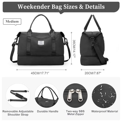 Travel Duffel Bag with Shoes Compartment, Overnight Weekender Bags for Women,Carry on Personal Item Bag,Medium Size - color: A-Black, size: Medium