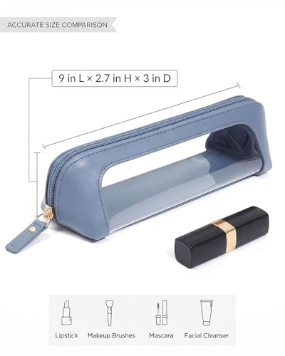LETGO Clear Makeup Brush Bag Pouch, Waterproof PU Leather Portable Makeup Bag Holder with Transparent Window, Travel Lipstick Case Pouch Car Organizer and Storage (Slim, Blue) - color: Blue, style: Slim