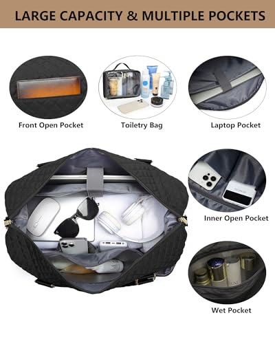 Womens Weekender Travel Overnight Bag: Carry On Bag with Shoe Compartment | Duffle Bags, Carry On Bag with Wet Pocket, Yoga Gym, Travel Bags with Toiletry Bag, Trips Hospital Bags Black - color: 1-Black, size: Large