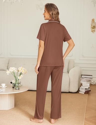 Ekouaer Womens Pajama Sets Button Down Pjs Lounge Sets 2 Piece Short Sleeve Sleepwear Soft Comfy Loungewear - color: Brown, size: Medium
