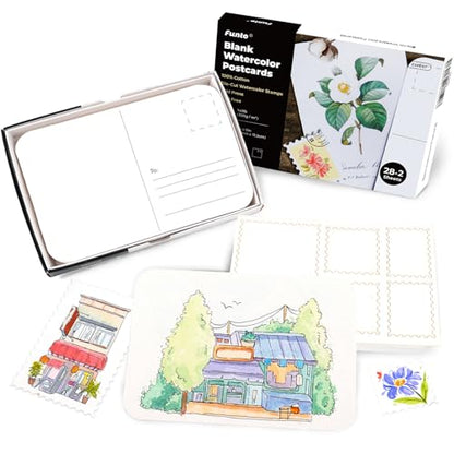 Funto 100% Cotton Watercolor Paper Postcards, 28 Blank Cards + 2 Stamp Sheets, 4x6, 140lb/300gsm, Cold Press, Acid-Free Heavyweight for Artists & Beginners - style: 4x6 Postcards-100% Cotton