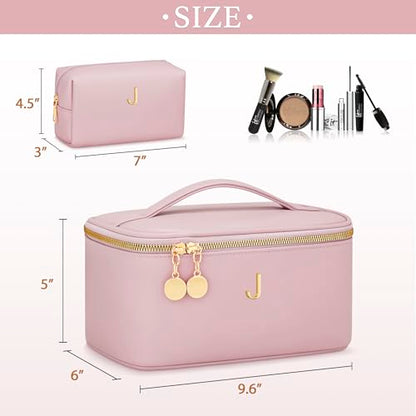 Personalized Initial Makeup Bag Gifts for Women, Large Travel Cosmetic Organizer with Handle & Divider, PU Leather Toiletry Bag for Girls, Birthday Bridesmaid Gift Set - Pink - J - color: Pink, style: J