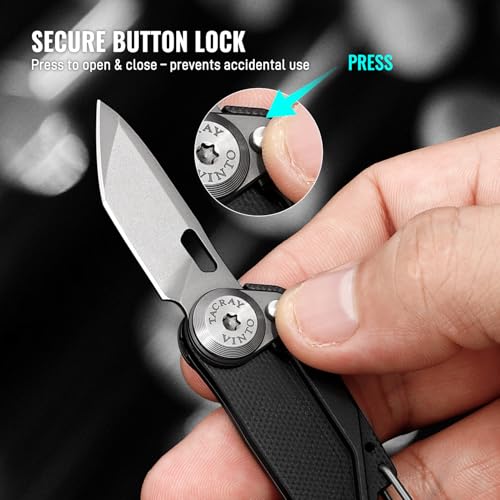 TACRAY Vinto 5-in-1 Small Pocket Knife – Ultra-Light Compact Multitool with Utility Knife, Seatbelt Cutter, Bottle Opener, Flathead Screwdriver & Keyring Attachment for Everyday Carry (Black) - color: Black
