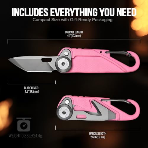 TACRAY Vinto 5-in-1 Small Pocket Knife – Ultra-Light Compact Multitool with Utility Knife, Seatbelt Cutter, Bottle Opener, Flathead Screwdriver & Keyring Attachment for Everyday Carry (Pink) - color: Pink