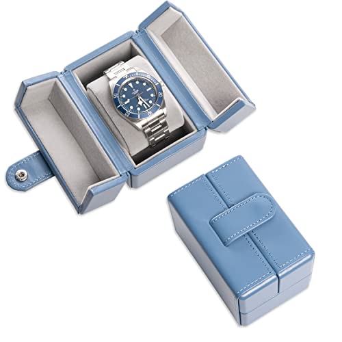 Single Travel Watch Case - Vintage Inspired - Exterior, Soft Microfiber Lining, Fits Up to 42mm Watches - Vegan Leather - Reliable Storage for Home or Travel - color: Blue