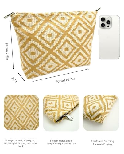 Parallel Checkered Embroidery Yellow Makeup Bag for Women Girls - Large Capacity Cosmetic Pouch | Travel Toiletry Bag & Purse Organizer - color: Plaid Yellow