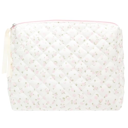 Quilted Makeup Bag Large Travel Zipper Soft Cosmetic Pouch for Women Girls Make Up,Little Flower Pink - color: Little Flower Pink, size: 1 PCS Pouch