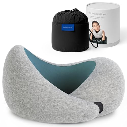 Ostrichpillow Go Neck Pillow, Travel Pillows for Airplanes, Premium Memory Foam Travel Pillow, 360º Ergonomic Design, Asymmetrical Sides, Travel Bag Included, Washable Modal Cover - color: Blue Reef