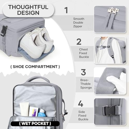 Vacuum Compression Travel Backpack with Pump, Travel Vacuum Bags Flight Approved Waterproof Personal Item Carry on Backpacks with Shoe Compartment/17inch Laptop Compartment/USB Port, Grey