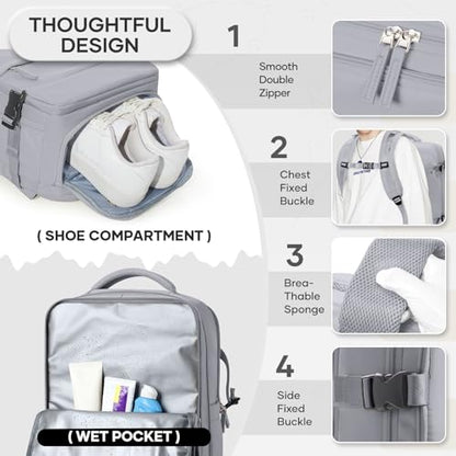 Vacuum Compression Travel Backpack with Pump, Travel Vacuum Bags Flight Approved Waterproof Personal Item Carry on Backpacks with Shoe Compartment/17inch Laptop Compartment/USB Port, Grey