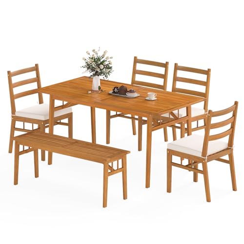 Tangkula 6 Pieces Patio Acacia Wood Dining Set, Outdoor Rectangular Table with 1.97” Umbrella Hole, Bench and Cushioned Chairs for 6, for Deck, Yard and Poolside - size: 6 pieces