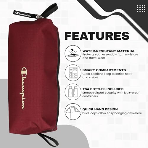 Champion - Hanging Toiletry Bag - Travel Sized Polyester Bag — Water-Resistant, Cosmetics Organizer Bag with Two Compliant Bottles - Lightweight Portable Zipped Bag for Unisex – Red- 10"x3.9"x3.9" - style: Red
