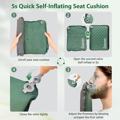 Inflatable Travel Seat Cushion – Self-Inflating Memory Foam Pad for Airplane, Stadium Bleachers, Camping, Hiking & Backpacking – Ultralight Compact & Portable Sitting Cushion - color: Green