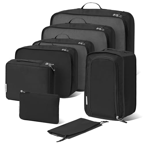 (Not Made In China) Packing Cubes For Travel, Luggage and Suitcase Organizer Bags, Carry On and Backpack Space Savers, Lightweight Waterproof Nylon, 8pc Set, Black - color: Black, size: Set of 8