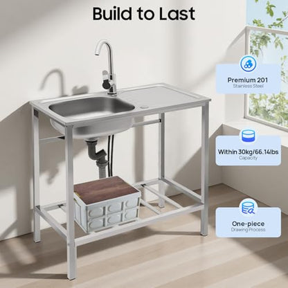 Outdoor Utility Sink,Free Standing Stainless Steel Laundry Tub, Single Bowl Portable Washing Hand Basin Station,with Cleaning Table&Storage Shelves for Garage, Restaurant, Kitchen,Camping, Backyard