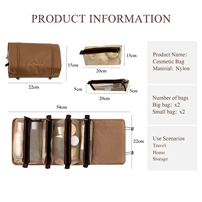 LumiSyne 4 In 1 Detachable Toiletry Bag Hanging Roll-Up Makeup Bag Large Capacity Travel Wash Bag Mesh Cosmetic Bag Portable Foldable Toiletry Bag Waterproof Cosmetic Organizer Bag For Travel Daily - color: Khaki