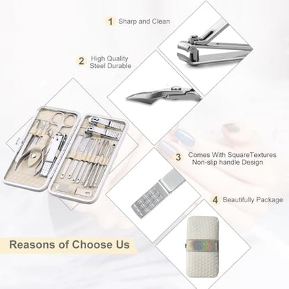 Yougai Nail Clippers Set for Men and Womens Gift Manicure Set 18 Pieces Stainless Steel Manicure Kit,Nail Care Tools with Luxurious Travel Case - color: Beige