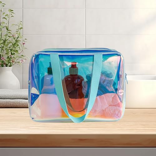 Holographic TPU Makeup Bag - Blue Rainbow Cosmetic Pouch, 11.81x4.3x8.26inches Waterproof Large Clear Travel Bag for Travel & Organizer (A230023-298-5) - color: Holographic Blue1