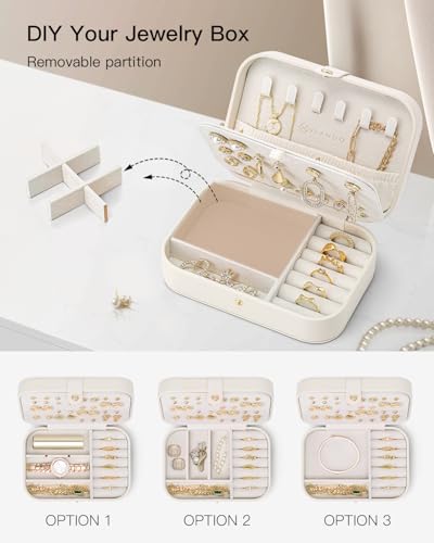 VLANDO Travel Jewelry Case for Women Girls, Gifts for Mother, PU Leather Small Jewelry Box for Rings, Necklaces, Bracelets, Earring Holder Organizer Storage for Travel Essentials - Beige - color: A.Beige