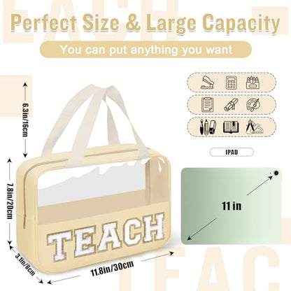 izuzta Teacher Appreciation Gifts TEACH Chenille Letter Clear Makeup Bag Pouch, Monogram Teacher Supplies Zipper with Handle Travel Cosmetic Bag Graduation Retirement Gifts for Women(TEACH-Beige) - color: TEACH-Beige