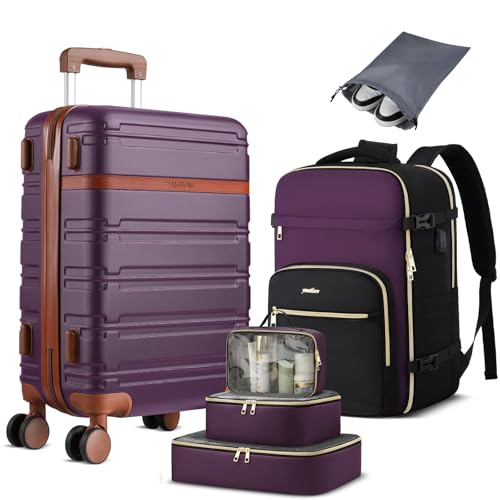 YAMTION Luggage Sets 6 Piece,Hardside 20In Suitcase with Spinner Wheels,TSA Lock,Carry On Suitcase Travel Essentials for Personal Items,Purple - color: Purple