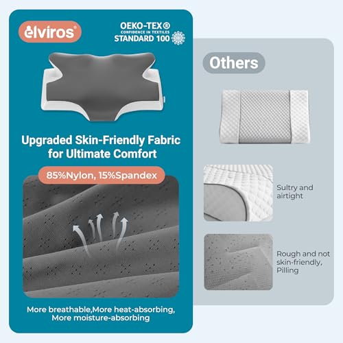 Elviros Cervical Neck Pillow for Sleeping, Memory Foam Pillow for Neck Pain Relief, Side Sleeper Cooling Pillows for Adults, Neck Support with Removable Pillowcase for Back & Stomach Sleepers - color: Dark Gray, size: Queen Size 23.6"L x 14.6"W x 5.1"H