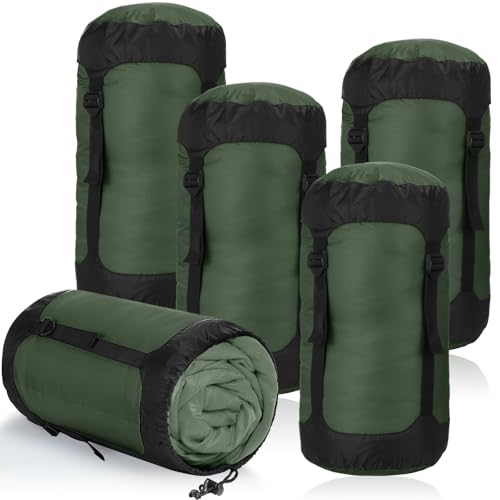 5 Pcs Compression Sacks for Backpacking 20L Camping Sleeping Bag Stuff Sacks for Backpacking Water Resistant Sleeping Bag Storage Sack for Space Saving Hiking Gear - color: Army Green