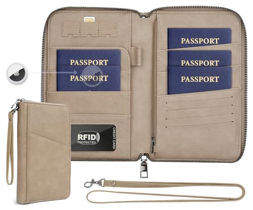 Family Passport Holder Wallet RFID Travel Document Organizer for Women Men, Portable Case Cover for Cards, Boarding Pass with Wrist & Neck Strap, Airtag Pocket, Travel Essentials Gifts (Sand, 1pack) - color: Sand