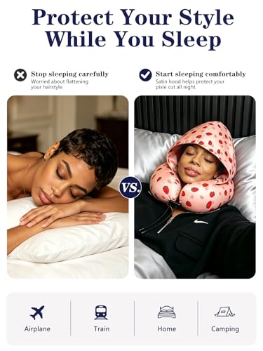 Satin Neck Pillow with Hood Pixie Pillows for Short Hair Sleep Travel Airplane Memory Foam Long Flight Plane Essentials Blue - color: Blue