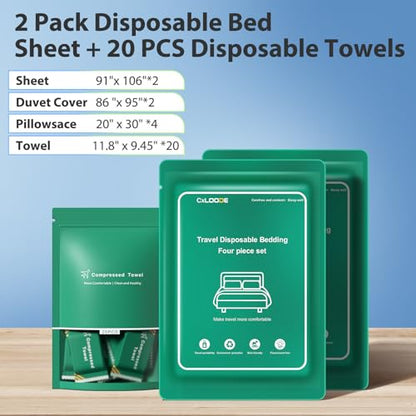 2 Pack Disposable Bed Sheet for Travel with 20 PCS Disposable Face Towels, Disposable Bed Sheets with Compressed Towel Travel Sheet for Hotel, Cruise, Trip, SPA, Camping - color: 2 Pack With 20pcs Towels