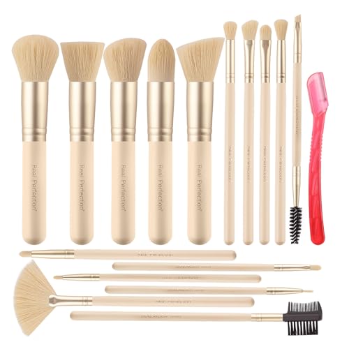 Real Perfection Makeup Brush Set 16 Pcs with 1 Eyebrow Razor Premium Synthetic Foundation Powder Concealers Eyeshadow Blush Makeup Brushes Make up Brushes Kit (Beige) - color: Beige