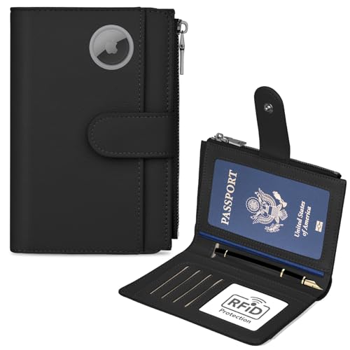 Passport Holder for Travel, Leather Passport Wallet with Airtag Slot, RFID Blocking Travel Wallet for Women Men, Passport Cover with Air Ticket Card Cash Coin Pocket, Travel Essentials Gift - color: Black