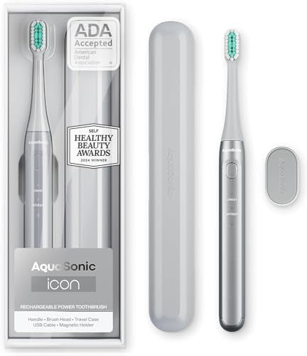 Aquasonic Icon ADA-Accepted Rechargeable Toothbrush | Magnetic Holder & Slim Travel Case | 2 Brushing Modes & Smart Timers | Gentle Micro-Vibrations (Stone) - color: Stone