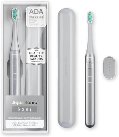 Aquasonic Icon ADA-Accepted Rechargeable Toothbrush | Magnetic Holder & Slim Travel Case | 2 Brushing Modes & Smart Timers | Gentle Micro-Vibrations (Stone) - color: Stone