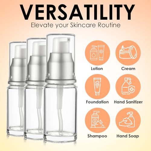 VitalUp 0.5 Oz 15ml Refillable Luxury Clear Glass Lotion Travel Pump Bottle with Silver Cap for Cosmetics, Lotion, Body Cream, Sanitizers, Cream, Foundation (Pack of 3) - size: 15 ml (3 Pack)