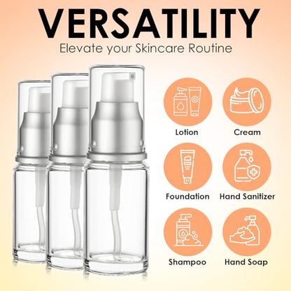 VitalUp 0.5 Oz 15ml Refillable Luxury Clear Glass Lotion Travel Pump Bottle with Silver Cap for Cosmetics, Lotion, Body Cream, Sanitizers, Cream, Foundation (Pack of 3) - size: 15 ml (3 Pack)