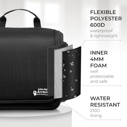 Travel Toiletry Bag for Men and Women - (10.6”x10.6”x3.2”) Large Hanging Toiletry Organizer - Waterproof Hygiene Bag with Metal XXL Swivel Hook, with Sturdy Zippers and 15 Compartments for Toiletries - color: L Grease Black