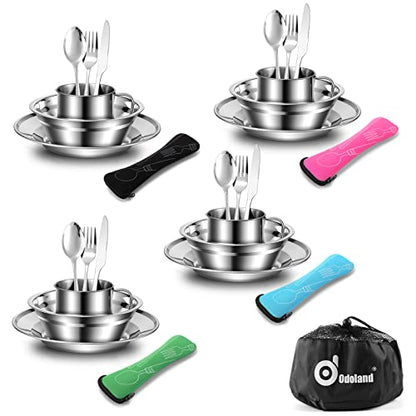 Odoland 29pcs Stainless Steel Utensils Camping Mess Kits with Bowls Plates Cups Forks Spoons and Knives for 4, Camping Cutlery Set for Backpacking, Outdoor Hiking and Picnic
