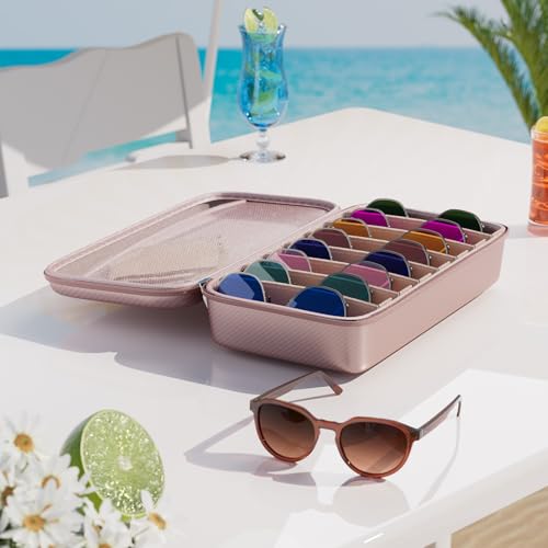 Travel Sunglasses Organizer, Hard Shell Sunglass Case Adjustable Slots for Multiple Sunglass Eyeglass Case - style: Pink + 8 Slots